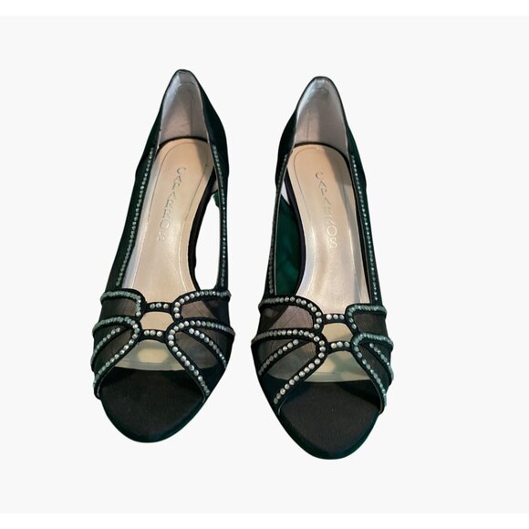Caparros Black Satin & Mesh Rhinestone Open-Toe Heels Womens Size 8 - Picture 1 of 6